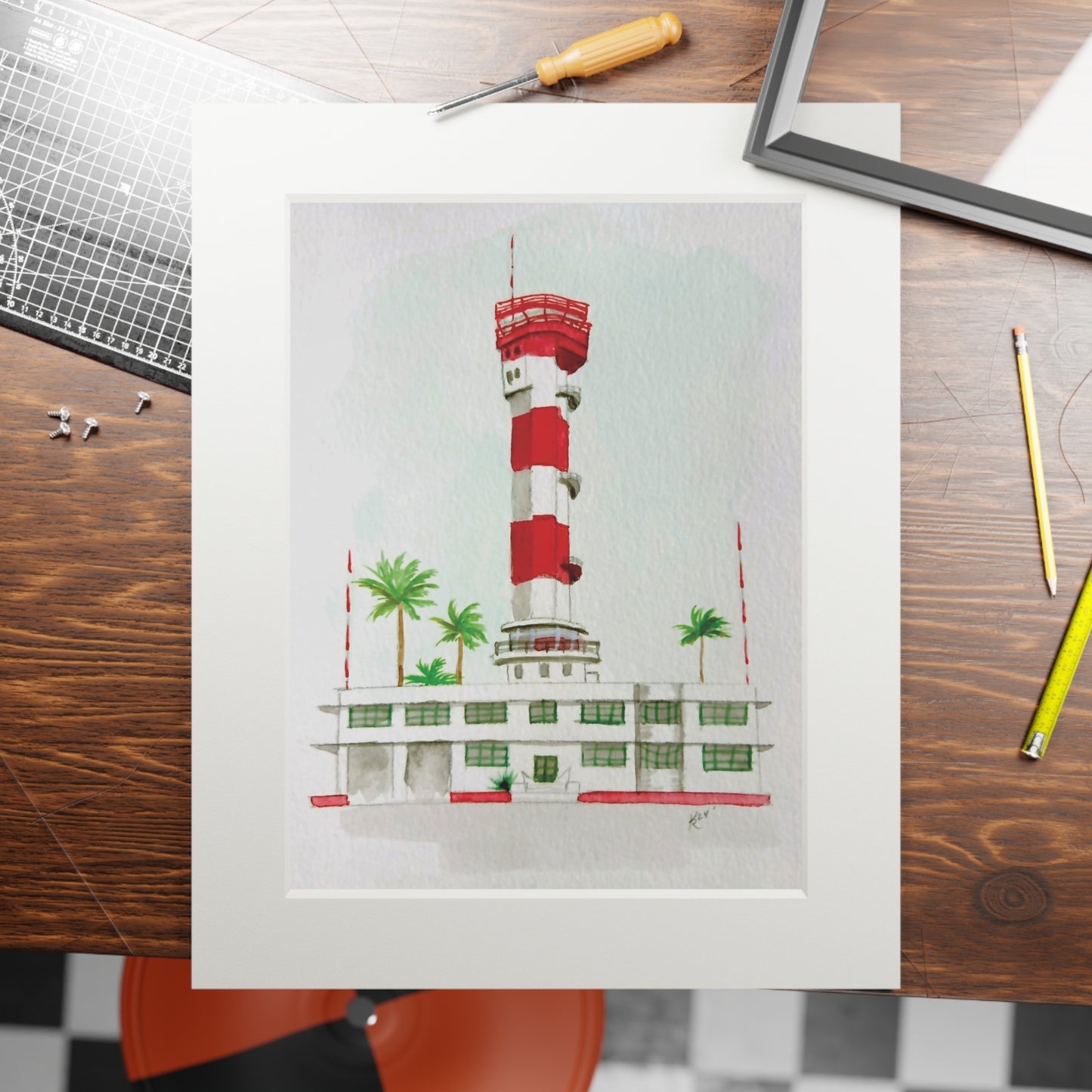 Ford Island Airtower Pearl Harbor Watercolor Fine Art Print (Passepartout Mat)
