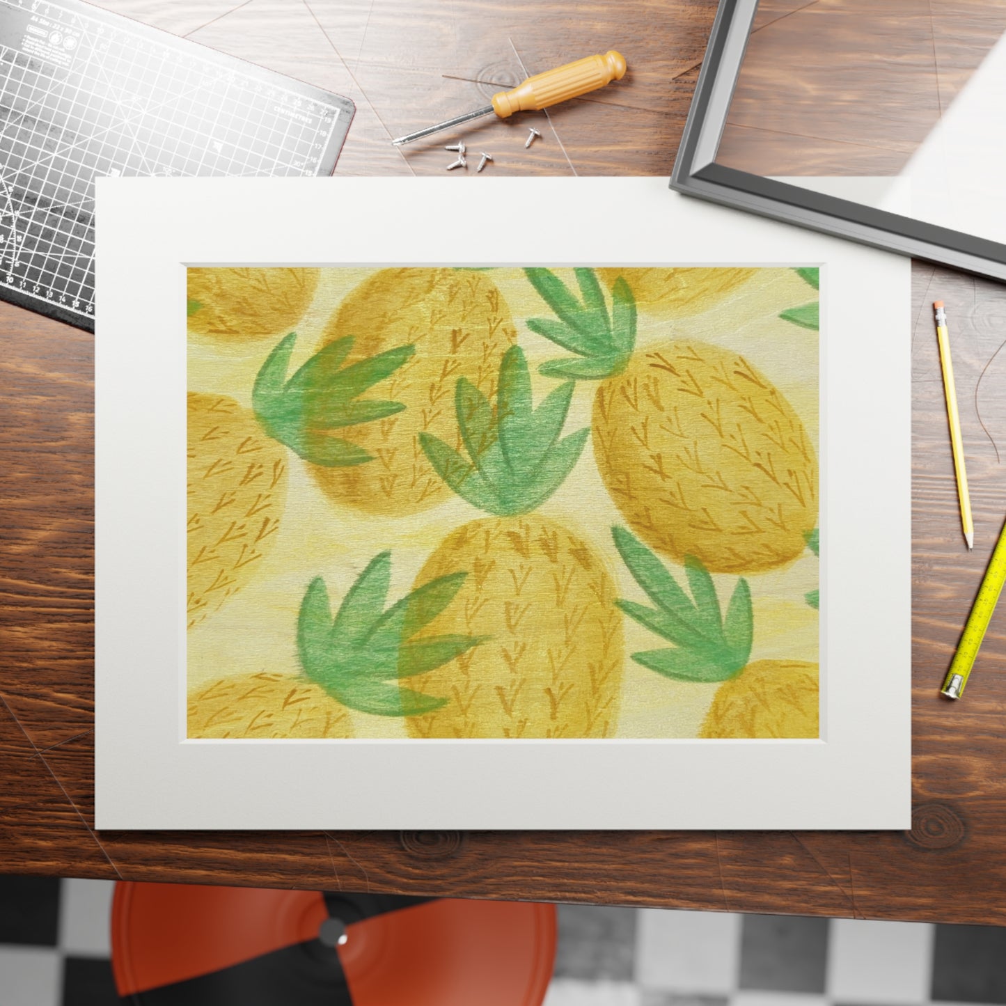 Pineapple Pattern Fine Art Print with Mat — Tropical Wall Art (11x14, 16x20)