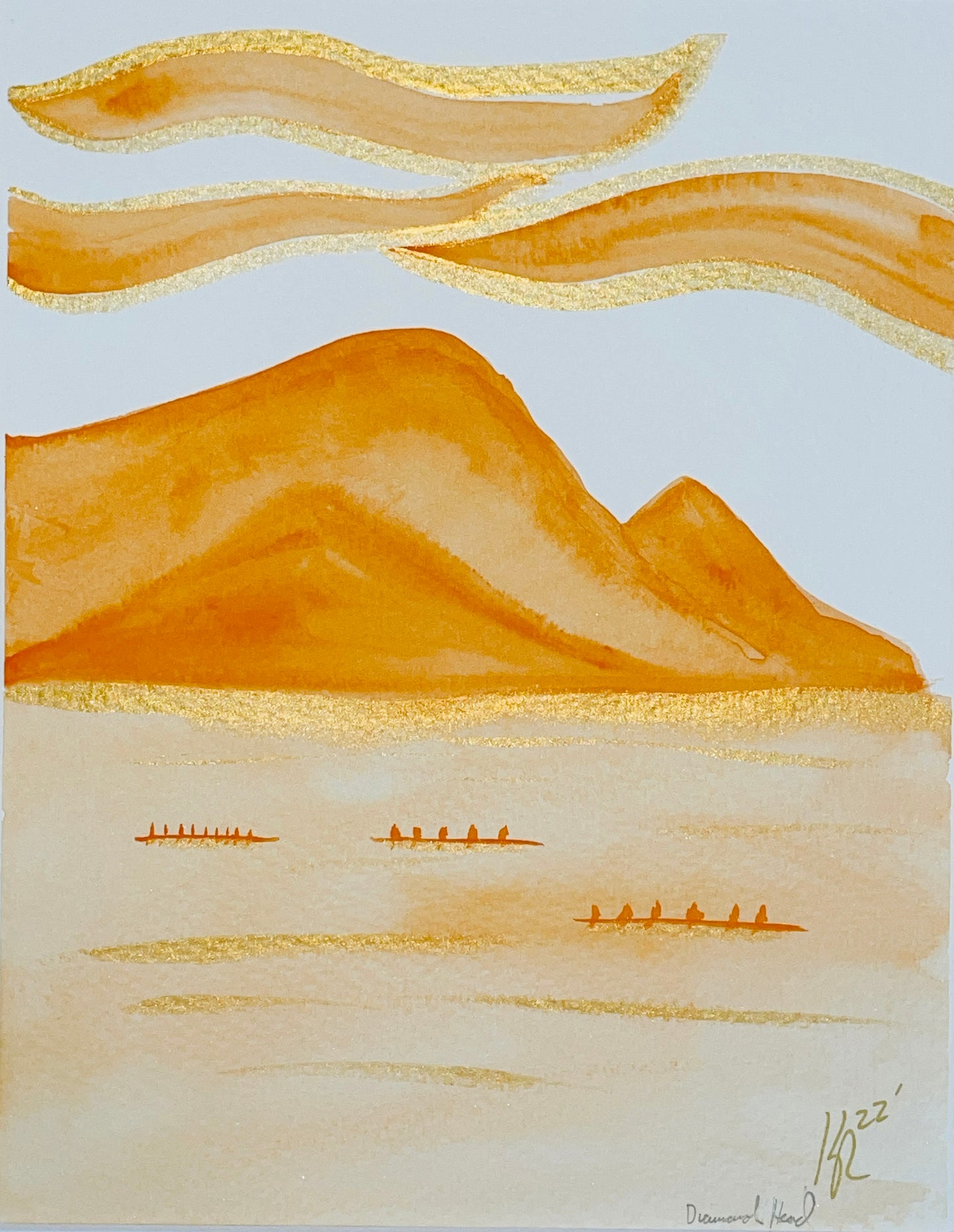 Orange and gold Diamond Head and Outriggers ... 11x14"