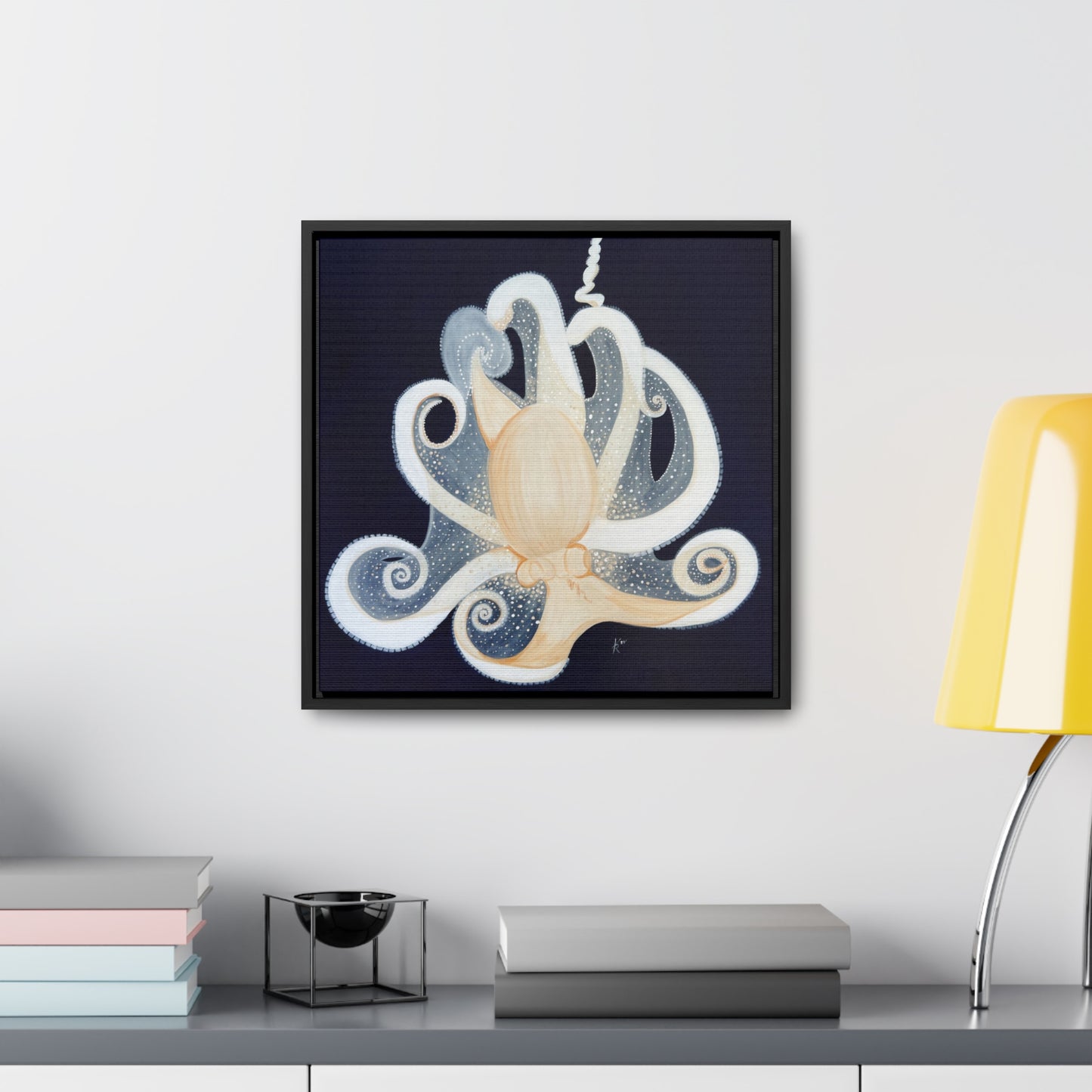 White Octopus on deep blue canvas print framed