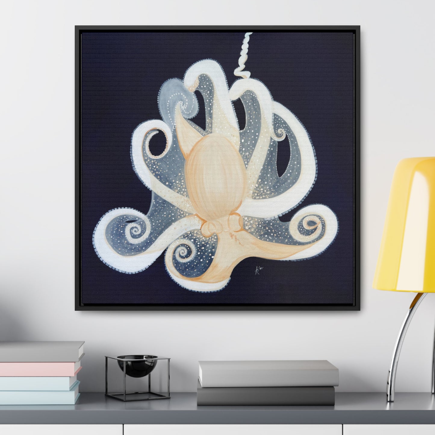 White Octopus on deep blue canvas print framed