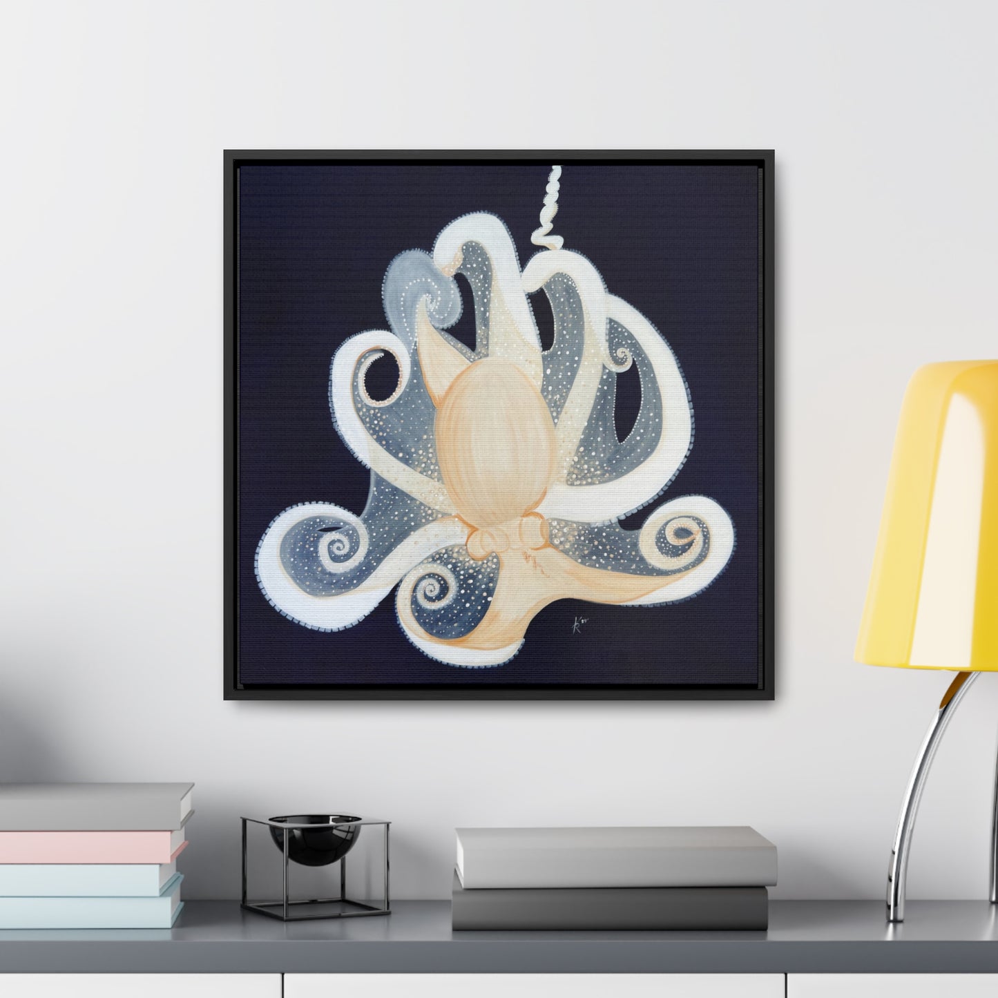 White Octopus on deep blue canvas print framed