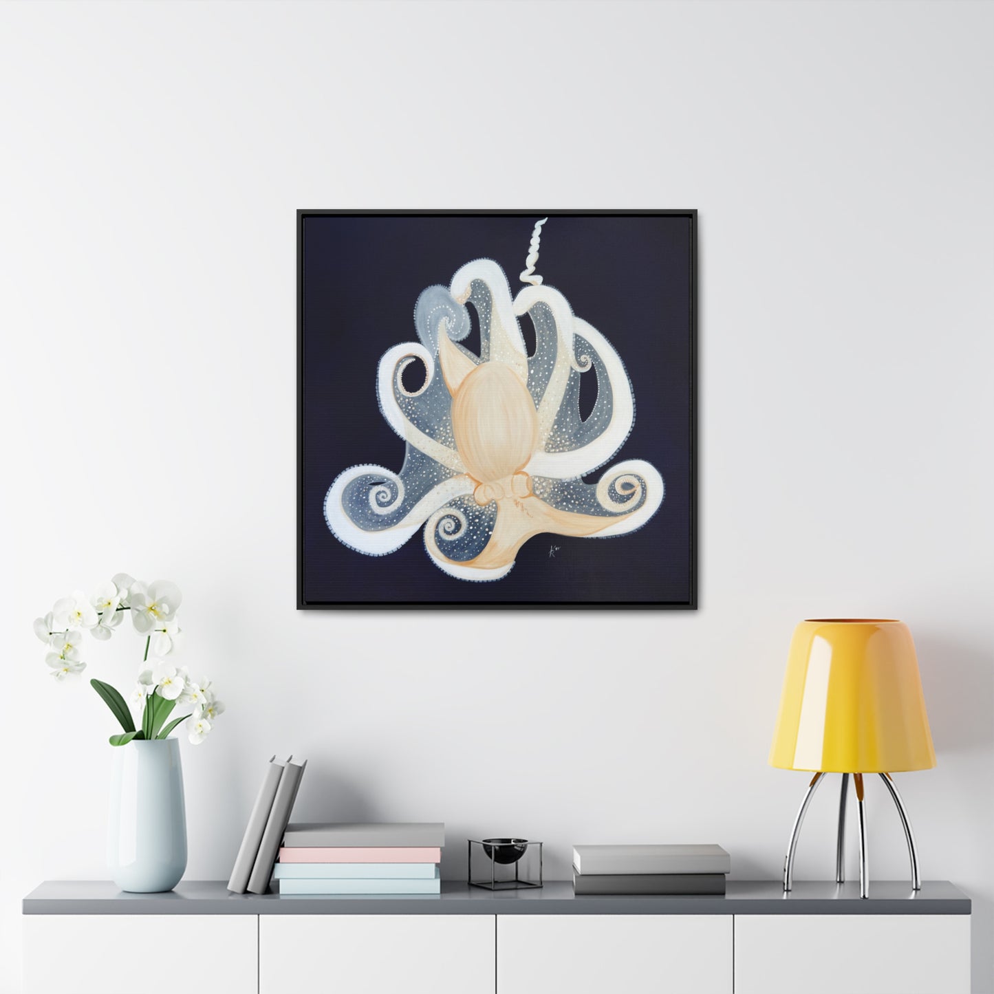 White Octopus on deep blue canvas print framed