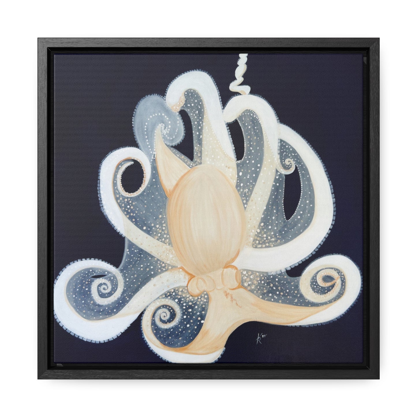 White Octopus on deep blue canvas print framed