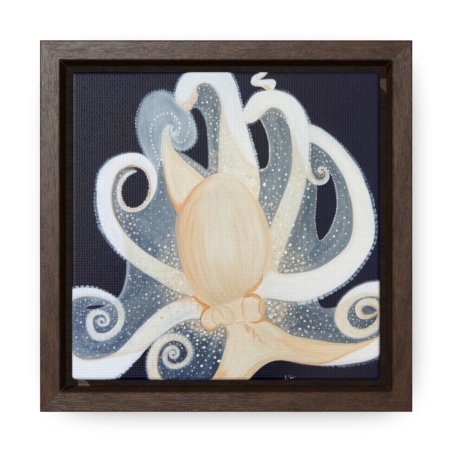 White Octopus on deep blue canvas print framed