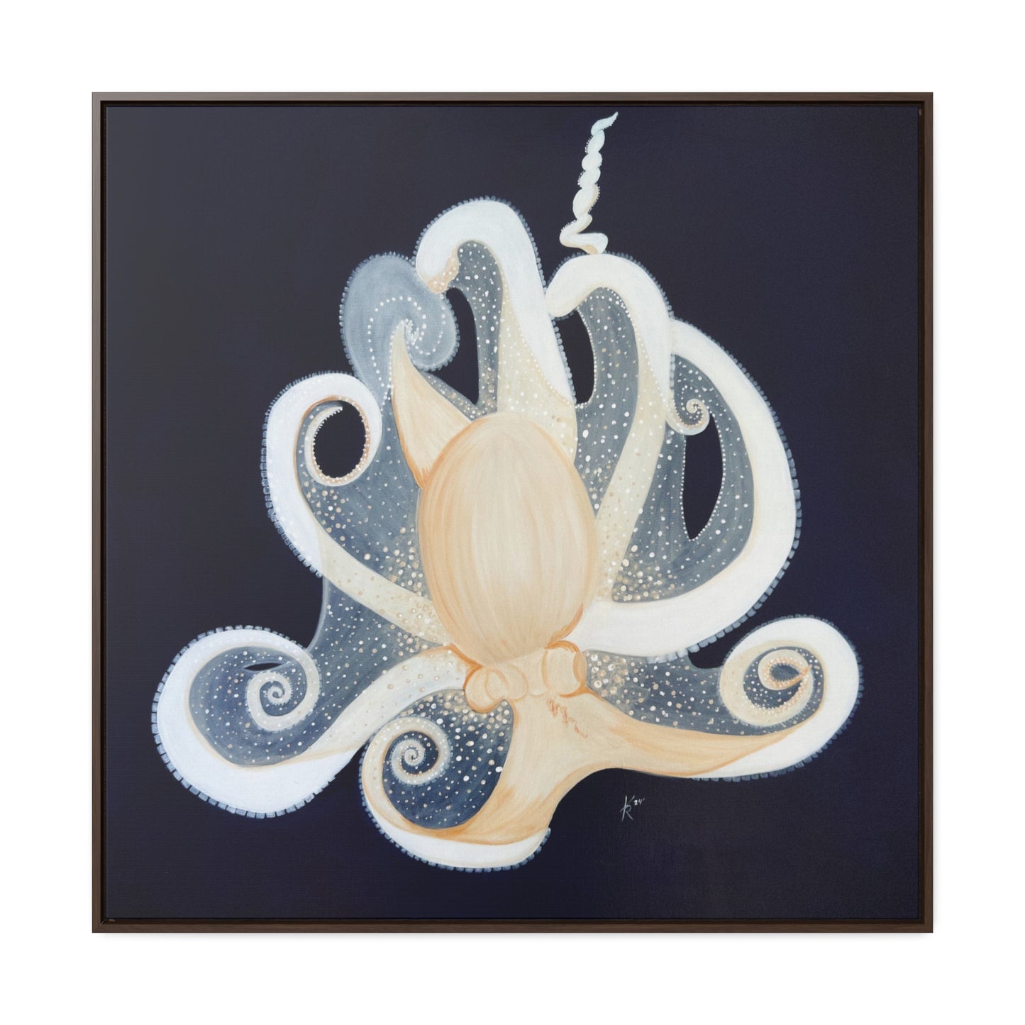 White Octopus on deep blue canvas print framed