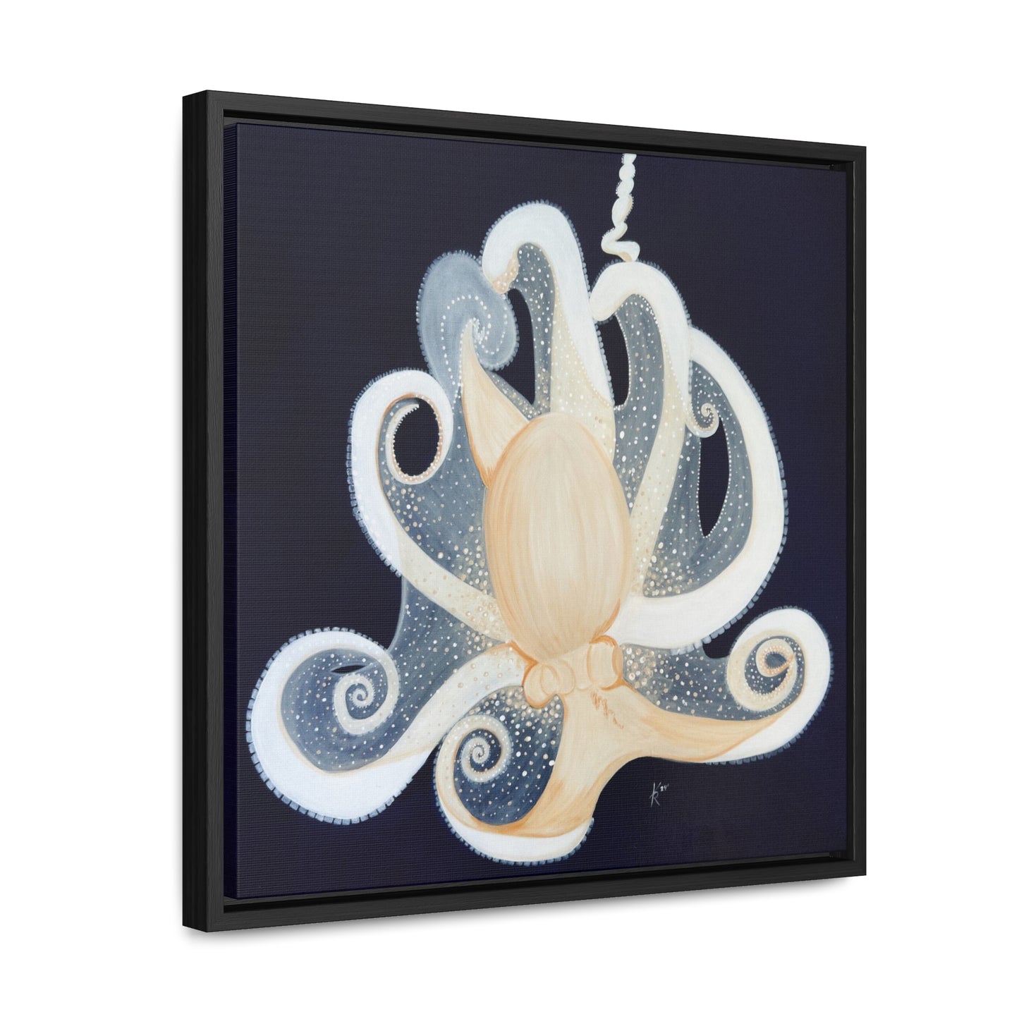 White Octopus on deep blue canvas print framed