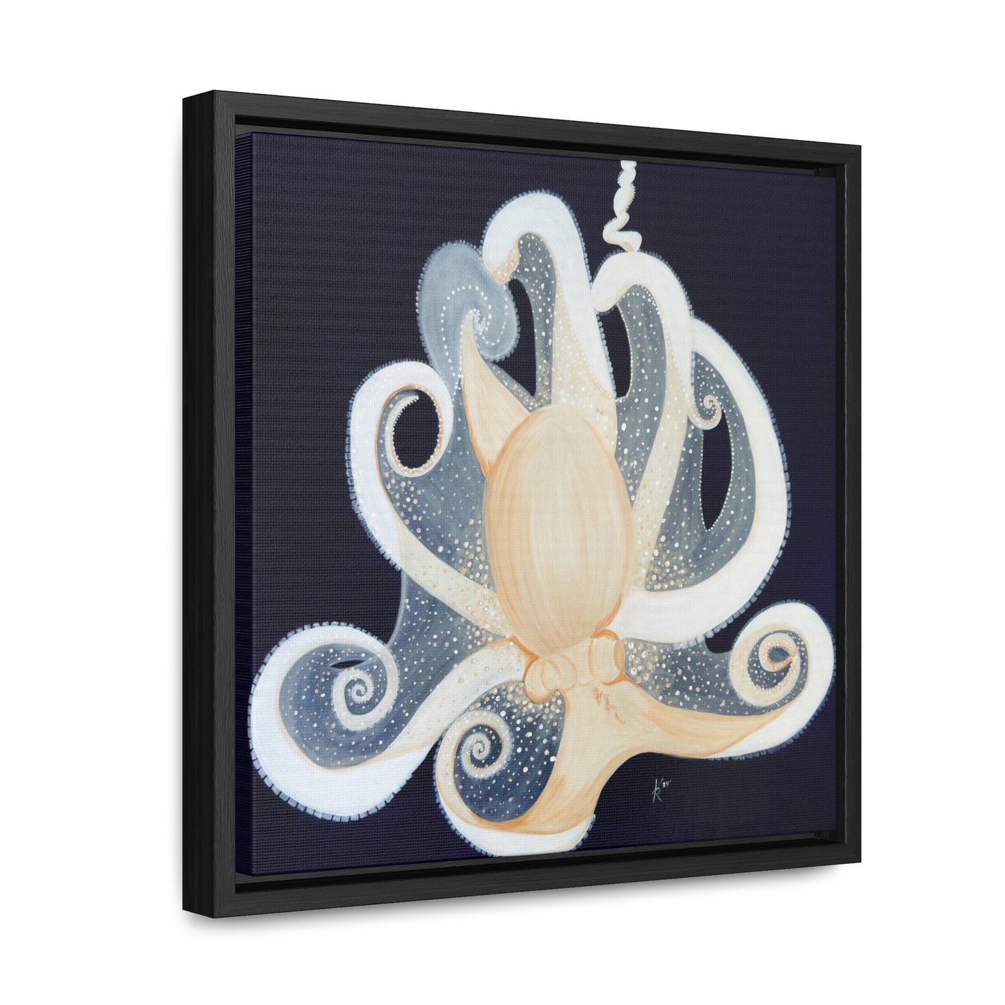 White Octopus on deep blue canvas print framed