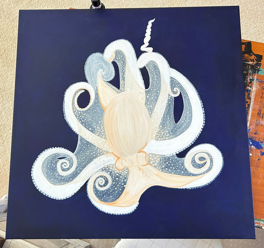 Acrylic White Octopus portrait on deep blue background on 30' x 30' canvas. 