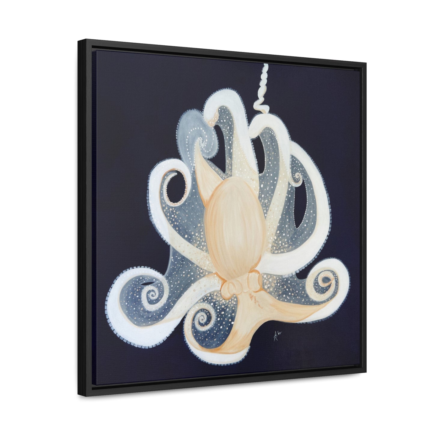 White Octopus on deep blue canvas print framed