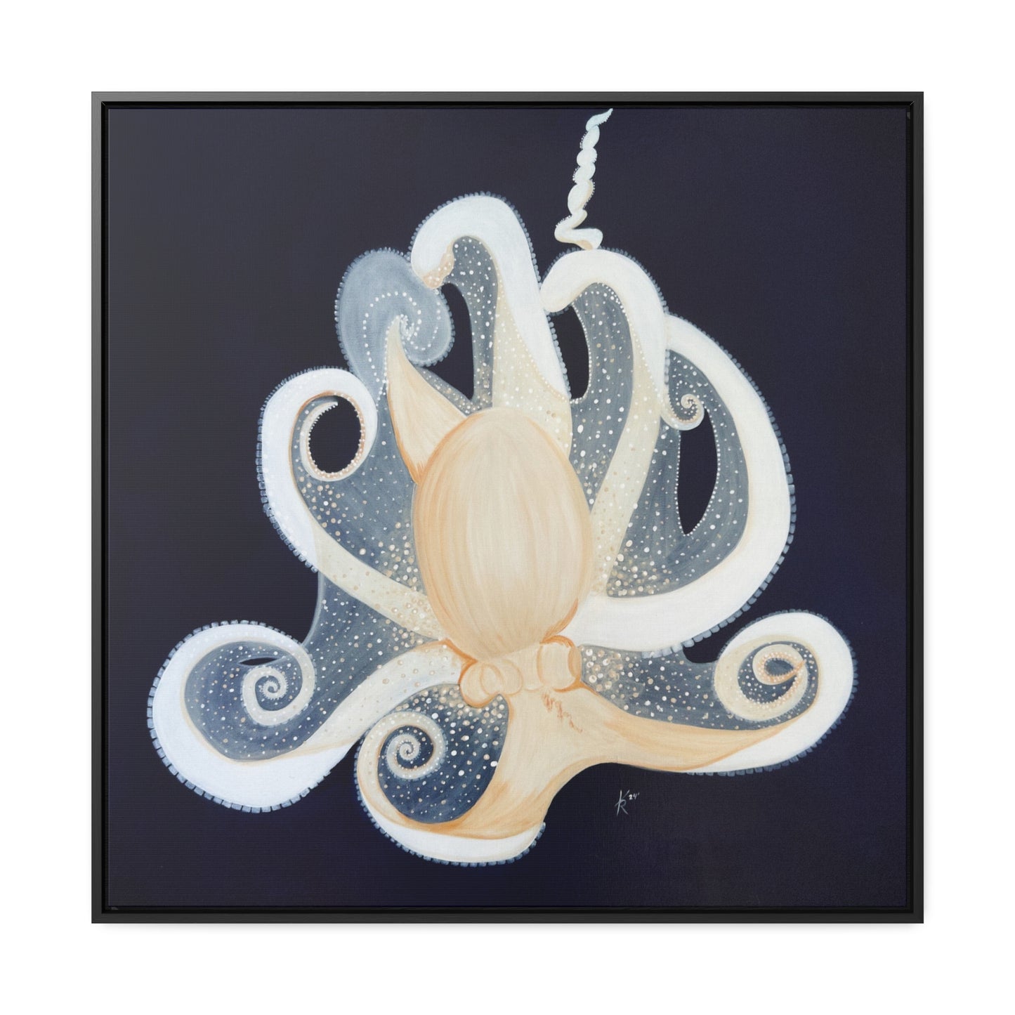 White Octopus on deep blue canvas print framed