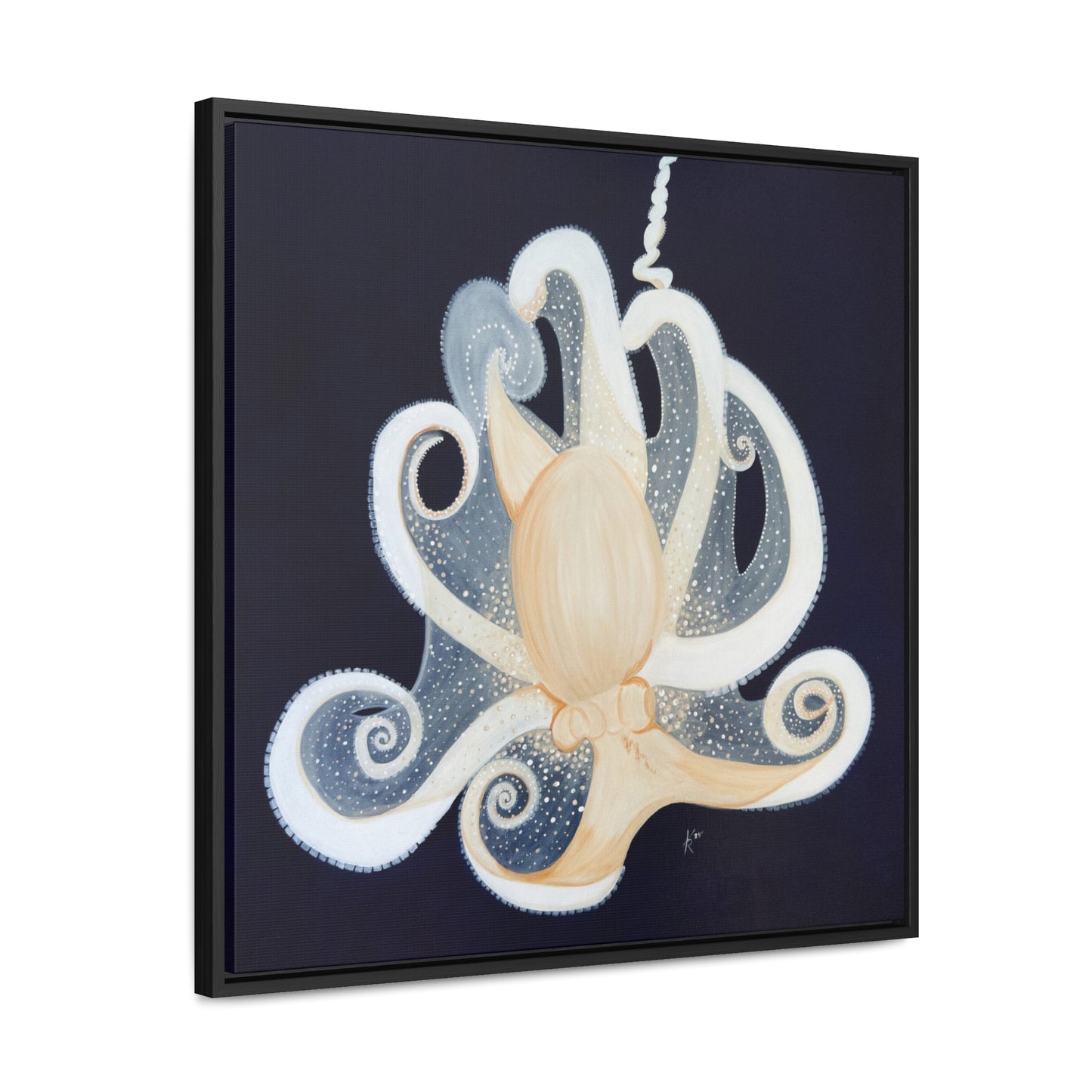 White Octopus on deep blue canvas print framed