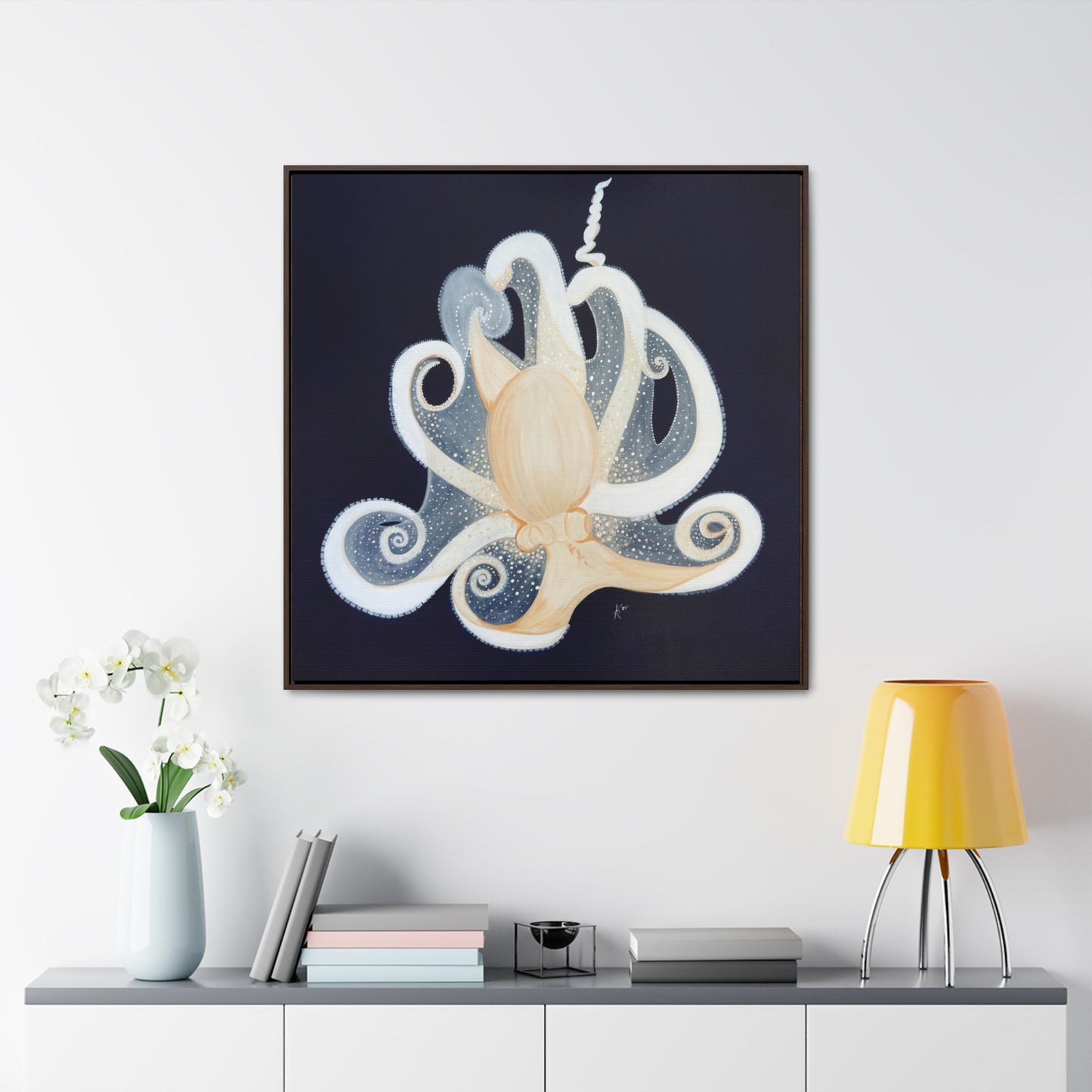 White Octopus on deep blue canvas print framed