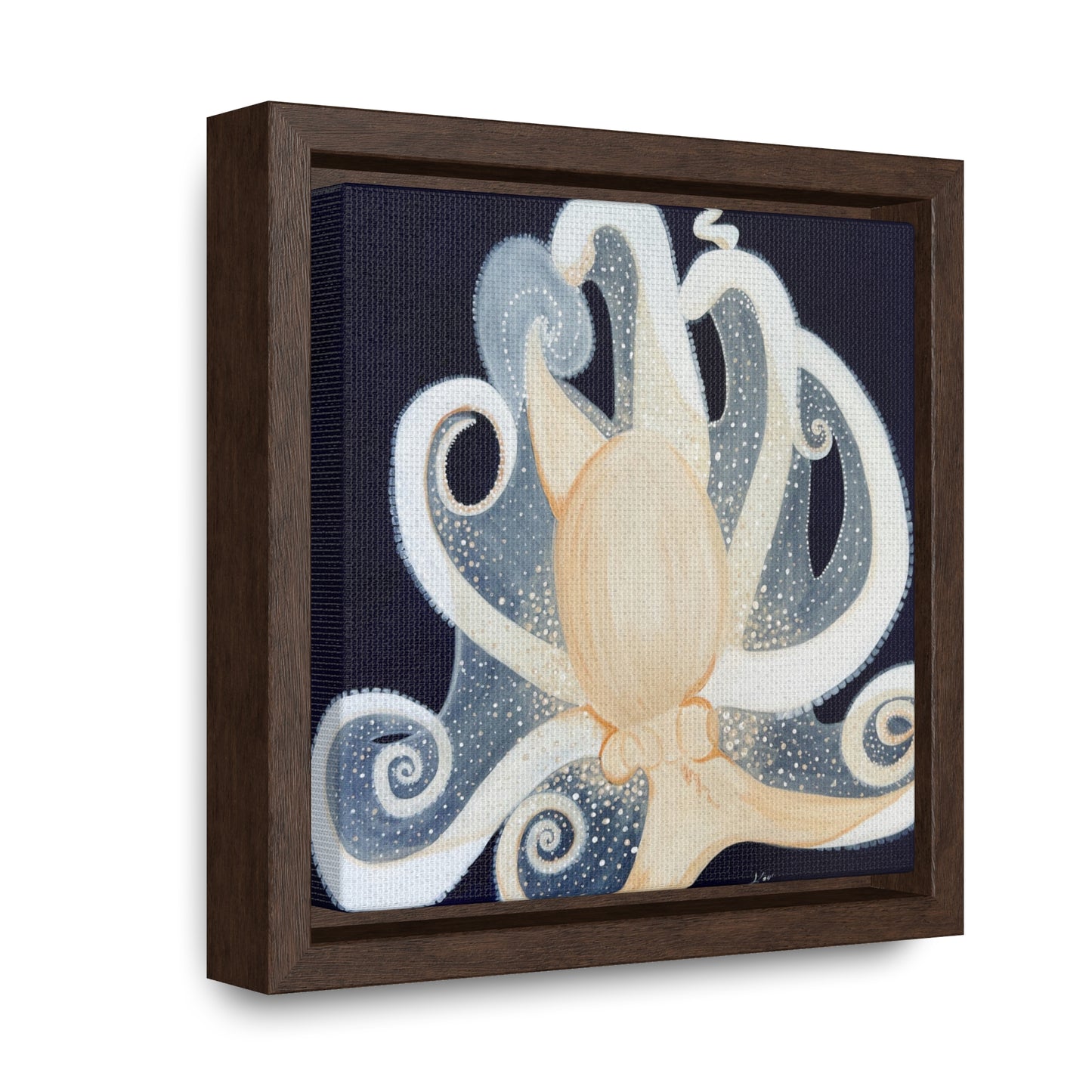 White Octopus on deep blue canvas print framed