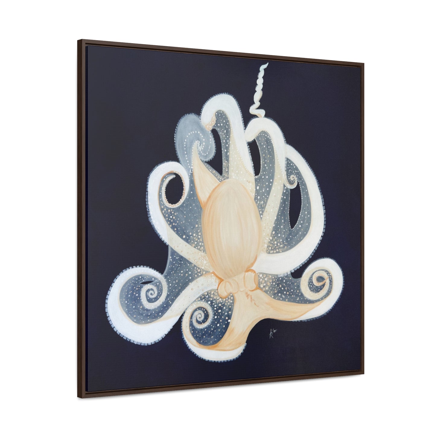 White Octopus on deep blue canvas print framed