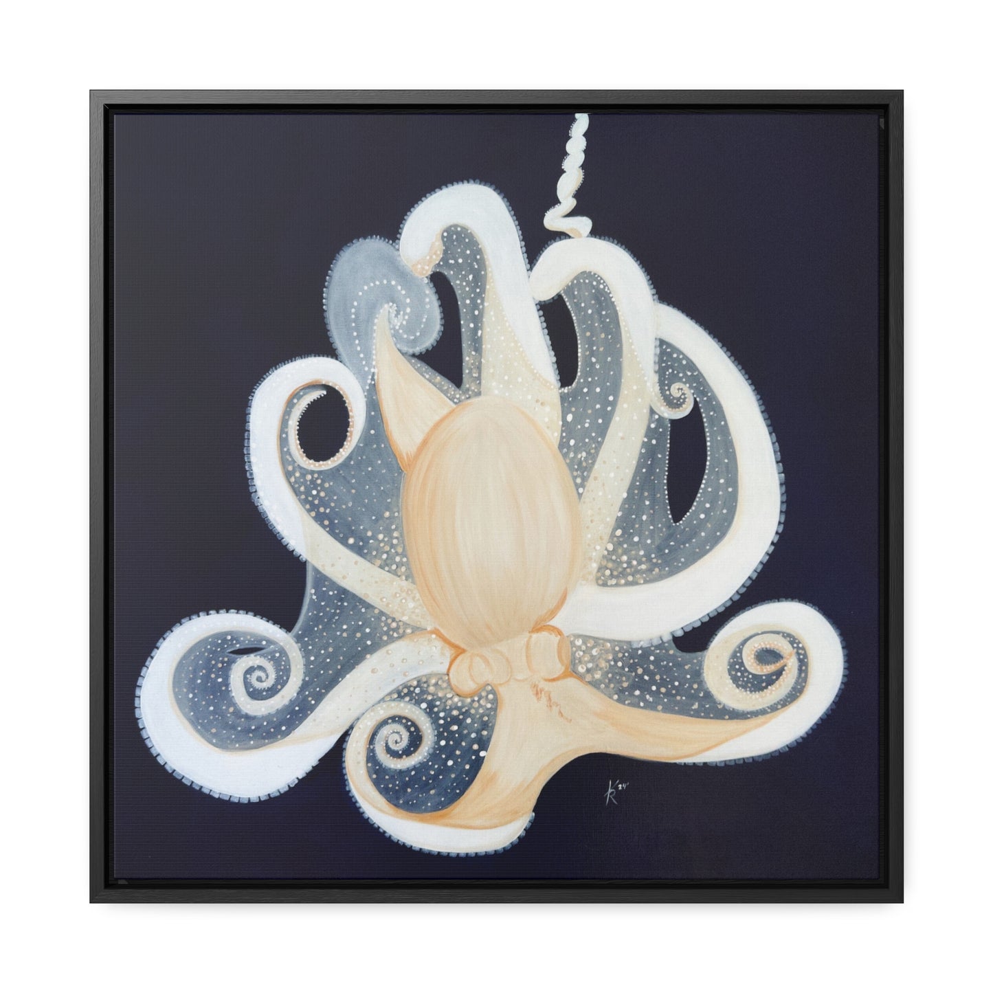 White Octopus on deep blue canvas print framed