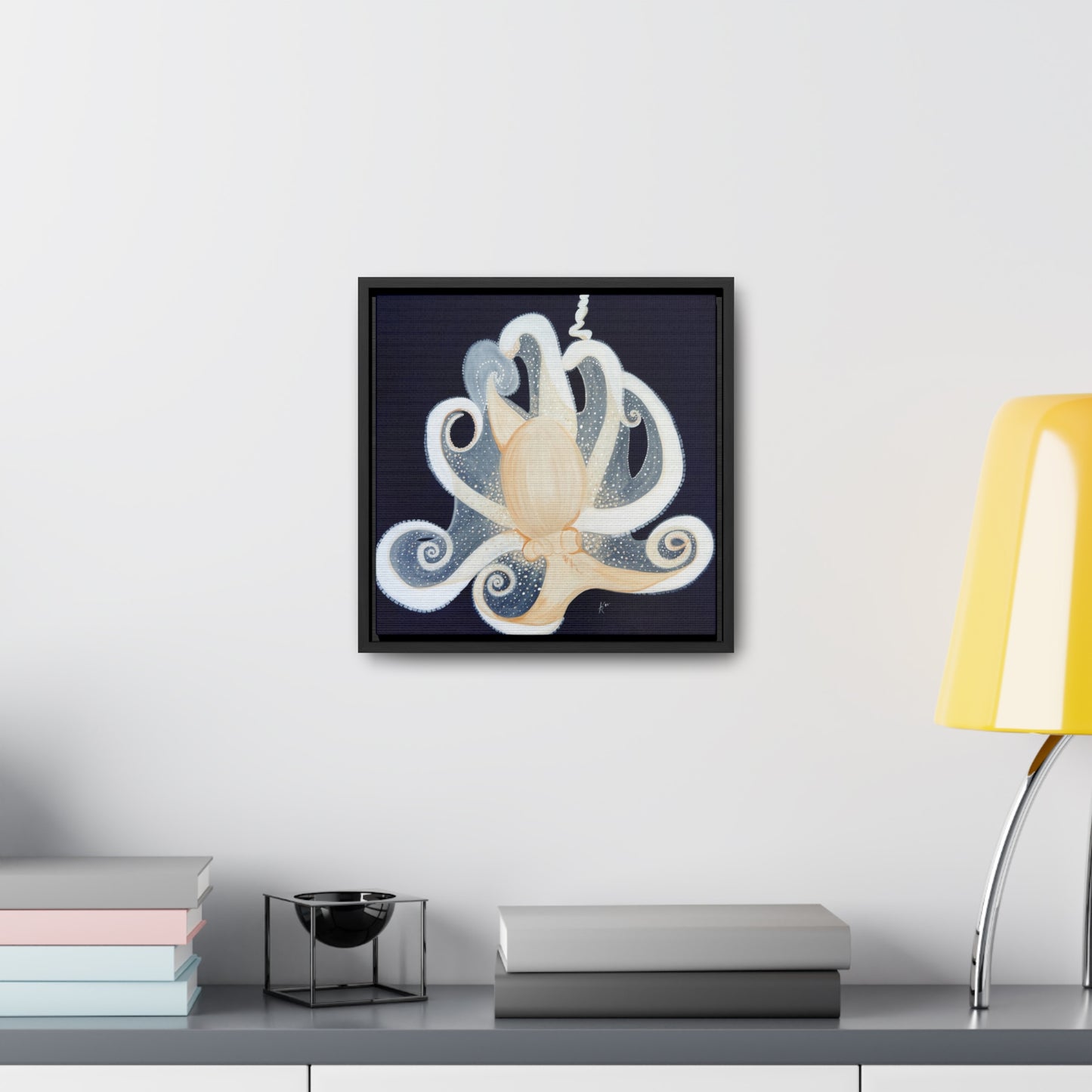 White Octopus on deep blue canvas print framed