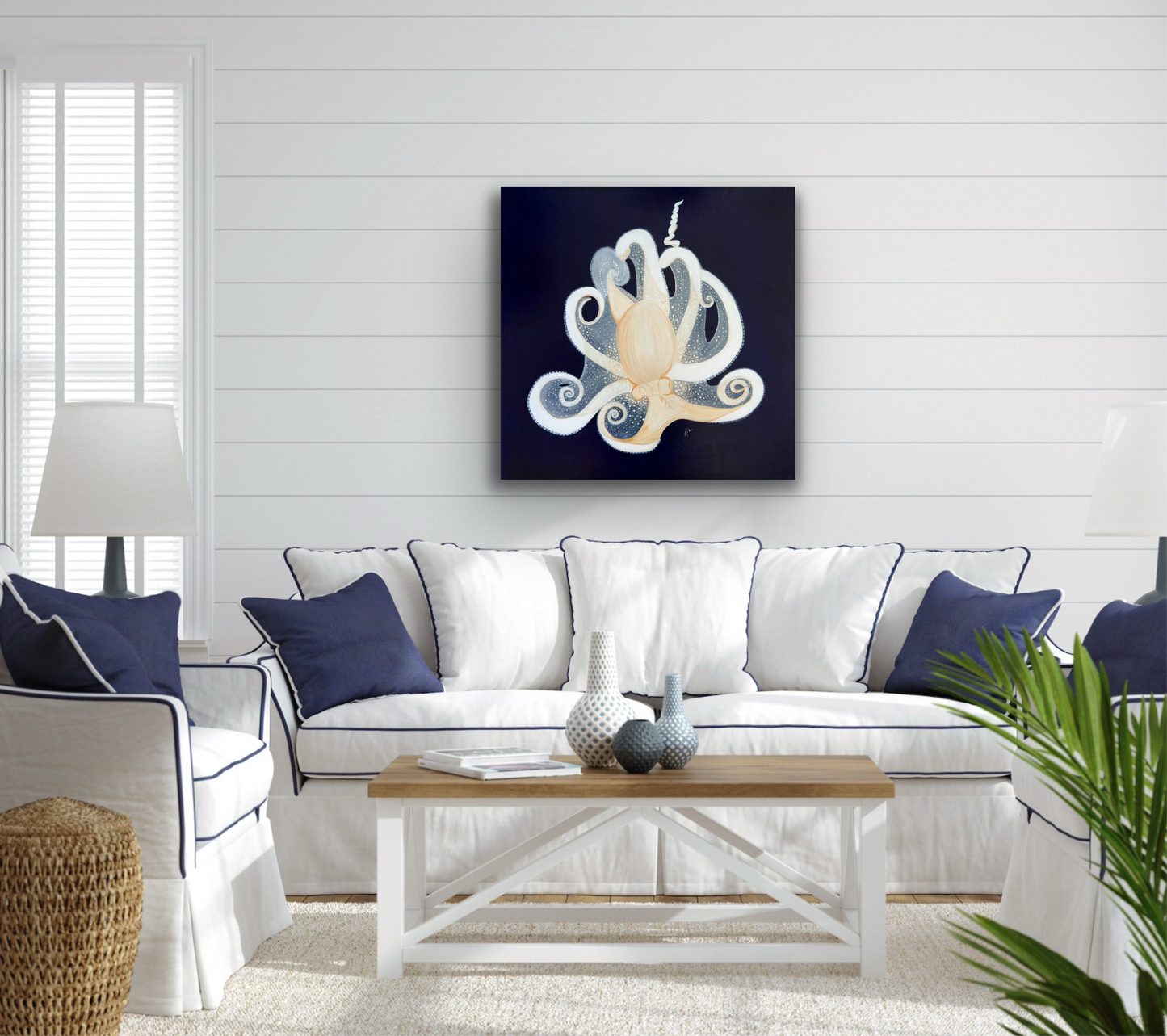 White Octopus Portrait on deep blue