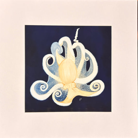 Deep Blue White Octopus 7.5 x 7.5" with mat