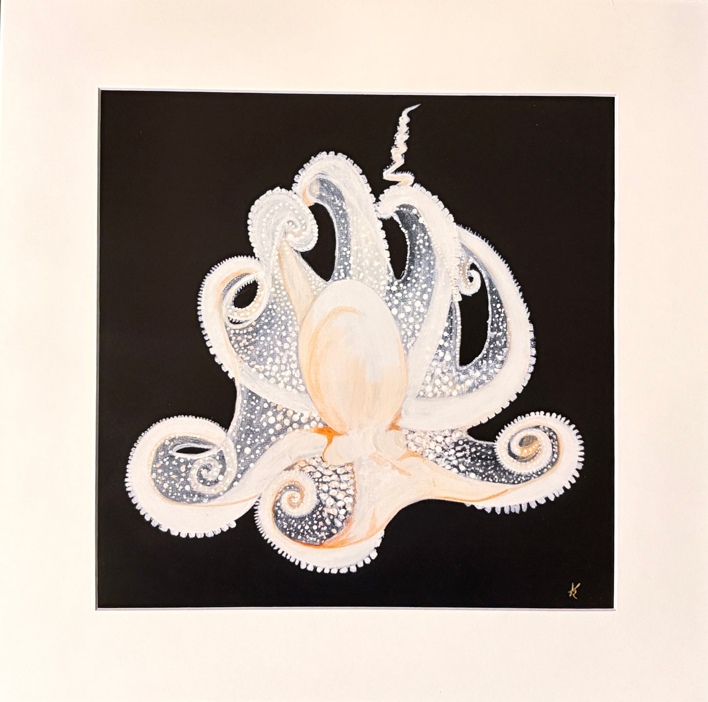 White Octopus on Black 12 x 12" with mat