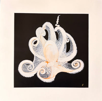 White Octopus on Black 12 x 12" with mat