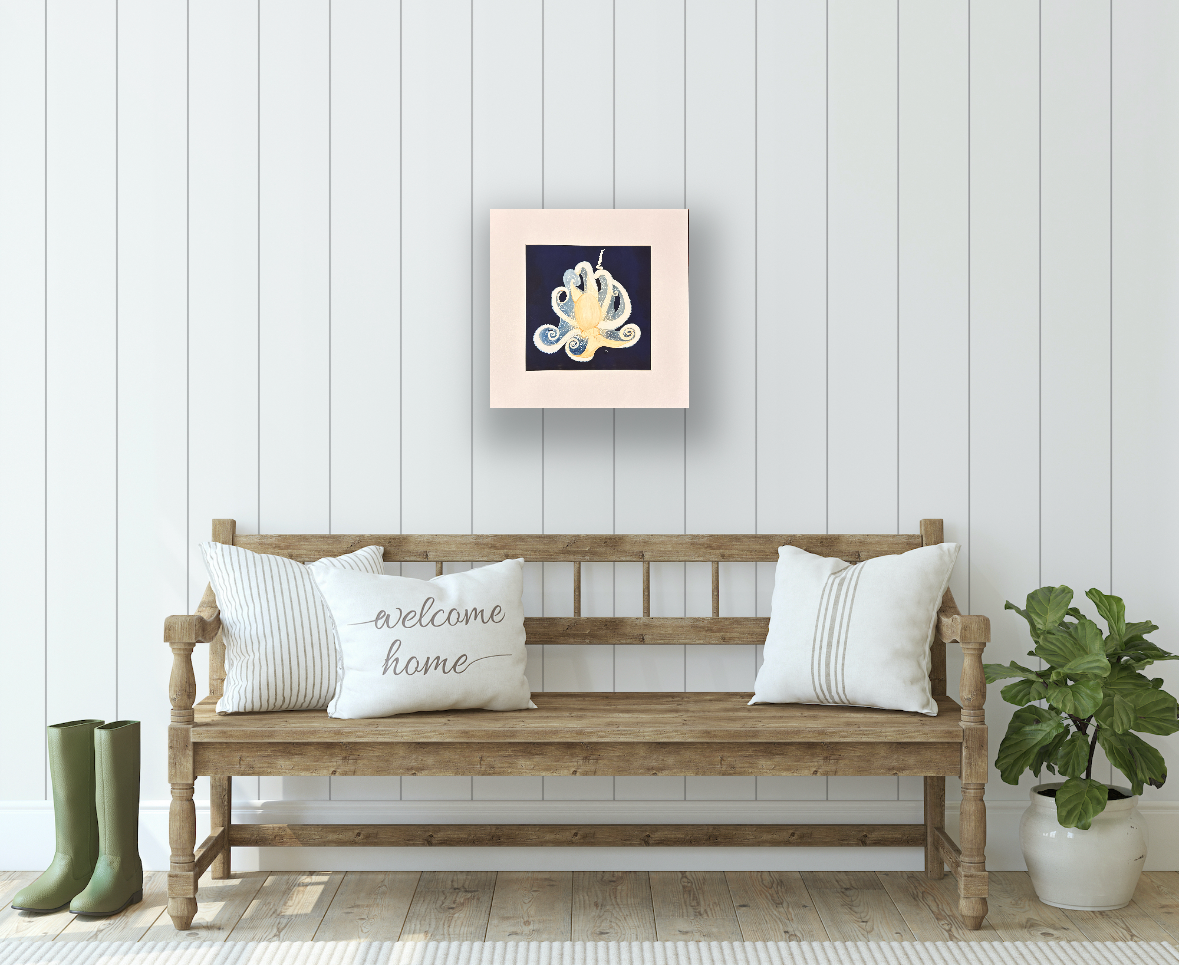 Deep Blue White Octopus 7.5 x 7.5" with mat