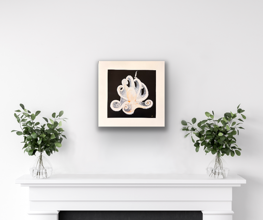 White Octopus on Black 12 x 12" with mat