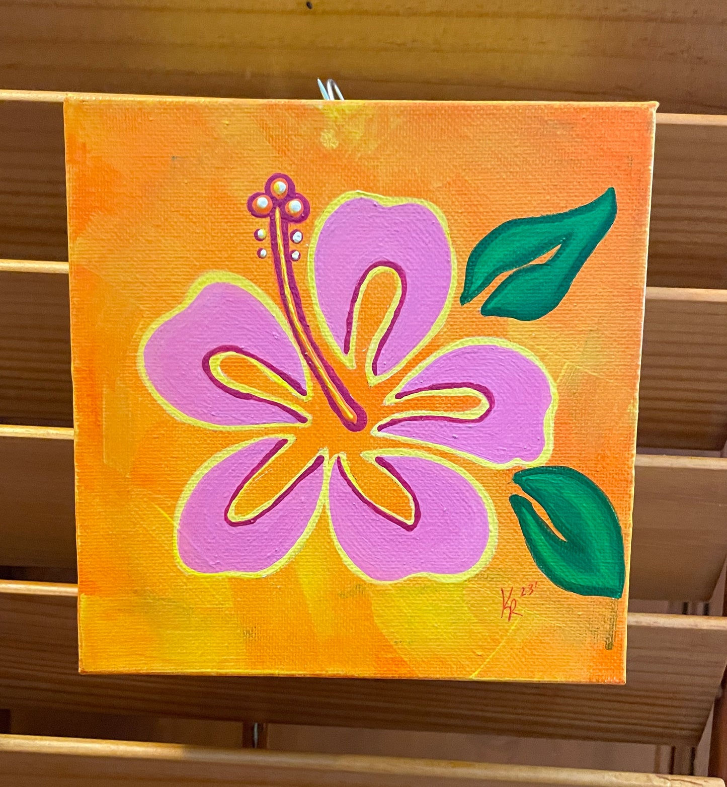 Pink Groovy Hibiscus, 6x6x2” acrylic on canvas